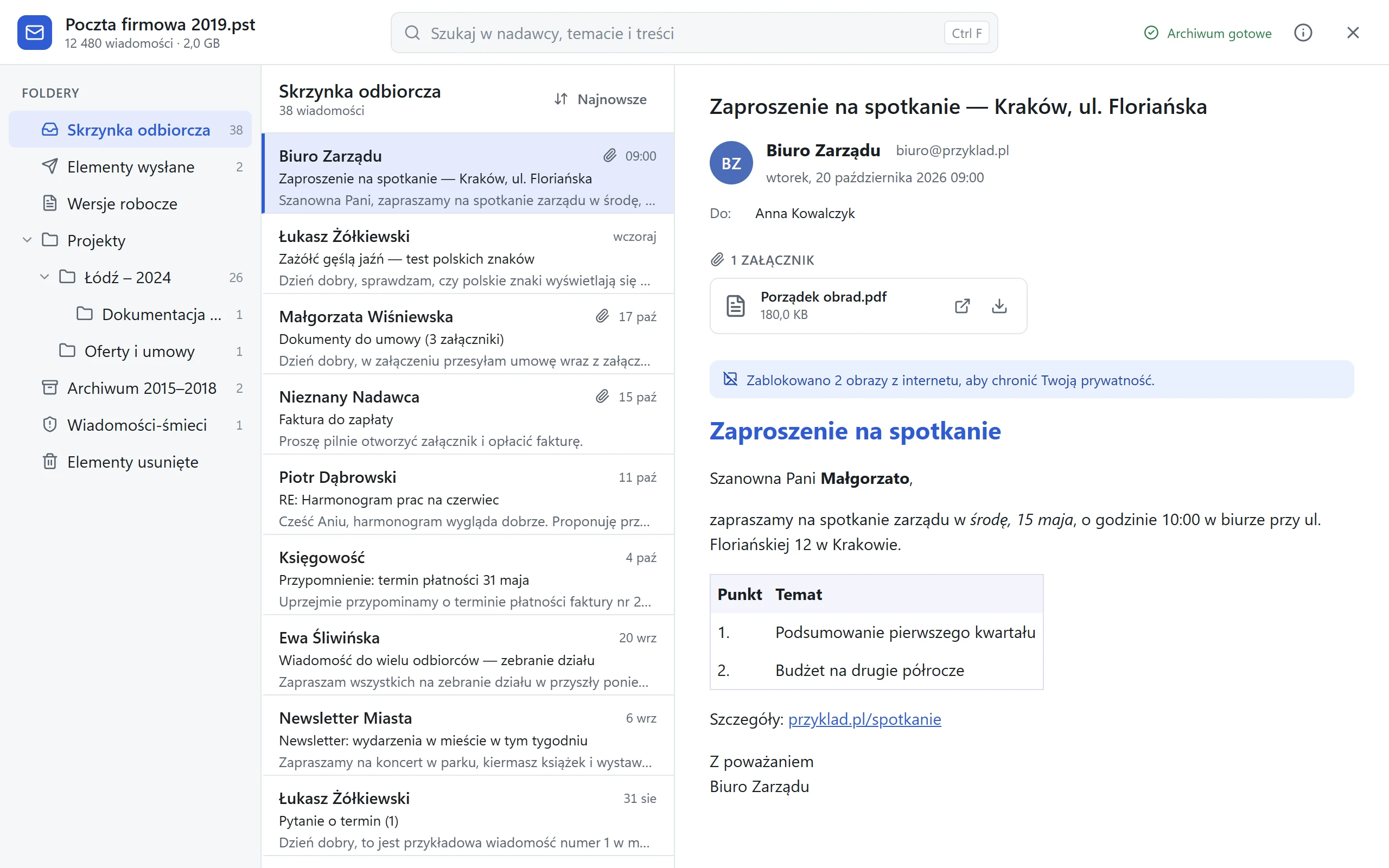 Okno programu Archiwum Poczty: drzewo folderów, lista wiadomości i podgląd wiadomości z załącznikiem PDF